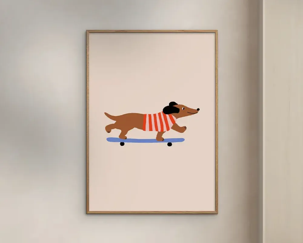 New Daells Bolighus Dachshund on skateboard 30X40 cm