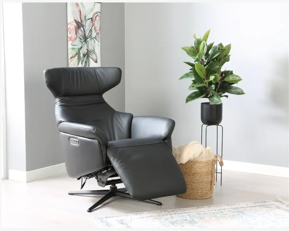 Clearance Daells Bolighus Drejestol m/Indbygget Fodskammel Sort Læder