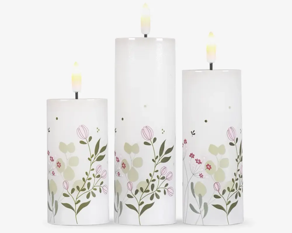 Sale Daells Bolighus LED lys voks 3 stk. grøn blomster Hvid, Grøn